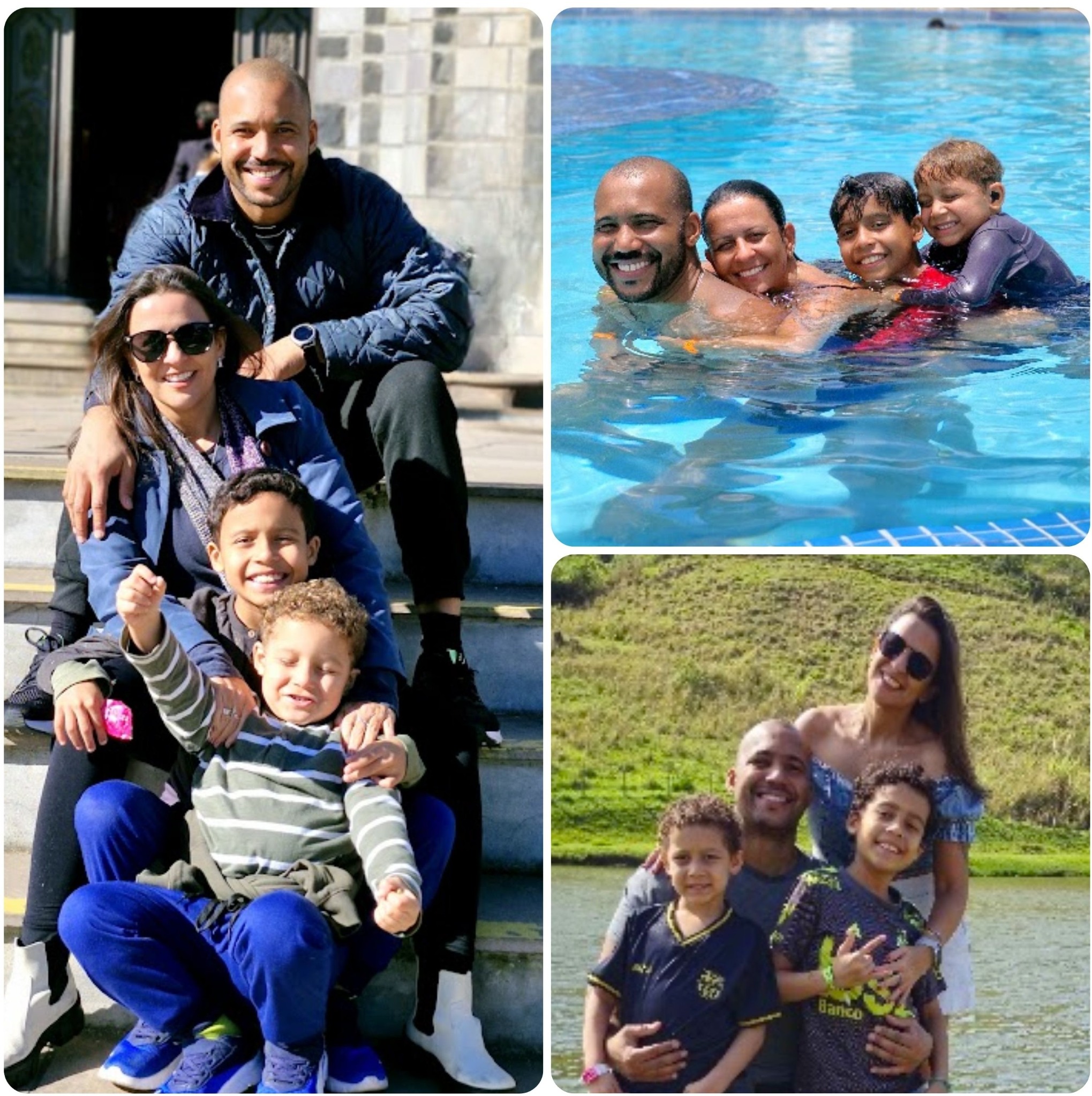 Montagem de três momentos de viagem da família da Cacá